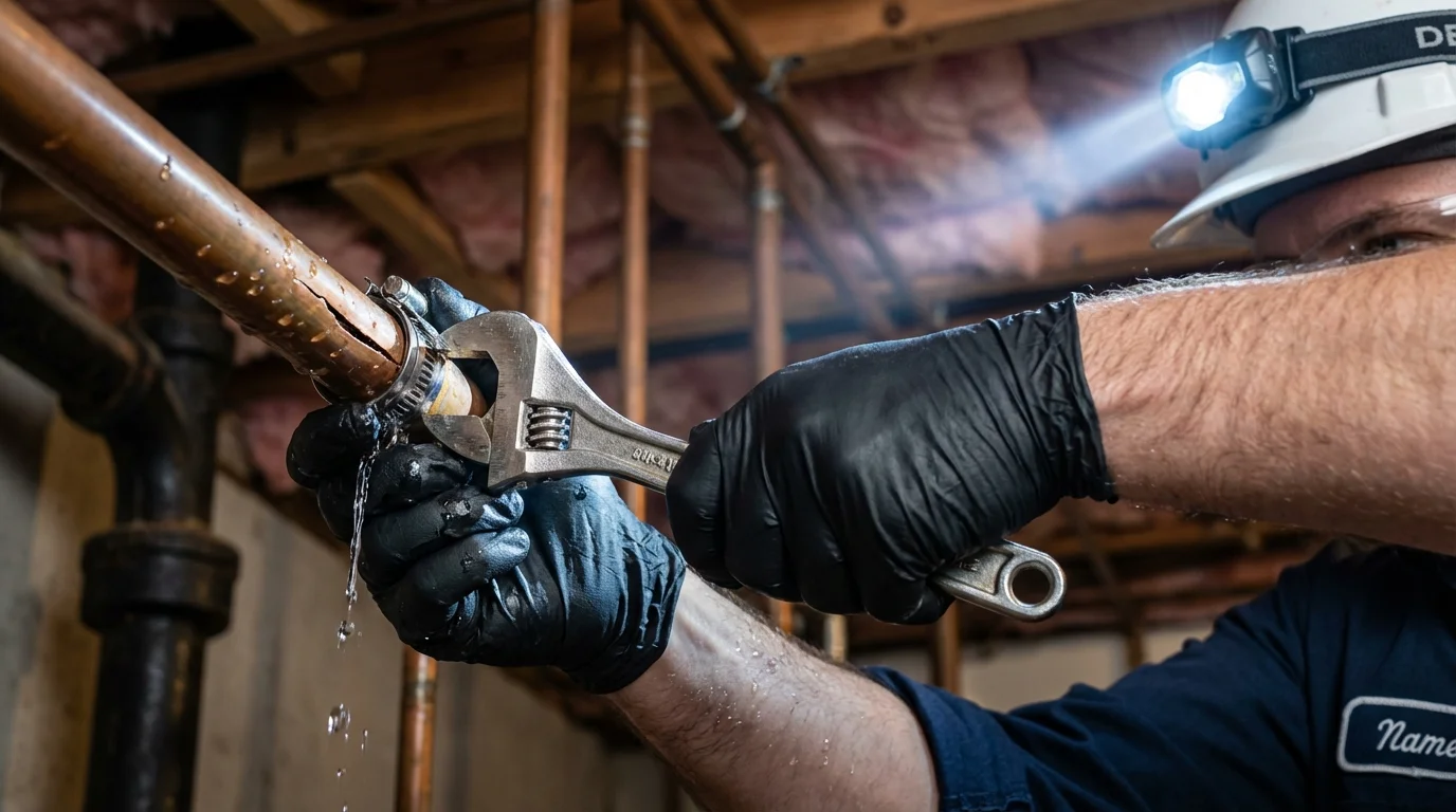 Emergency pipe clamp repair being performed by a Johns Plumbing LLC plumber in Marion