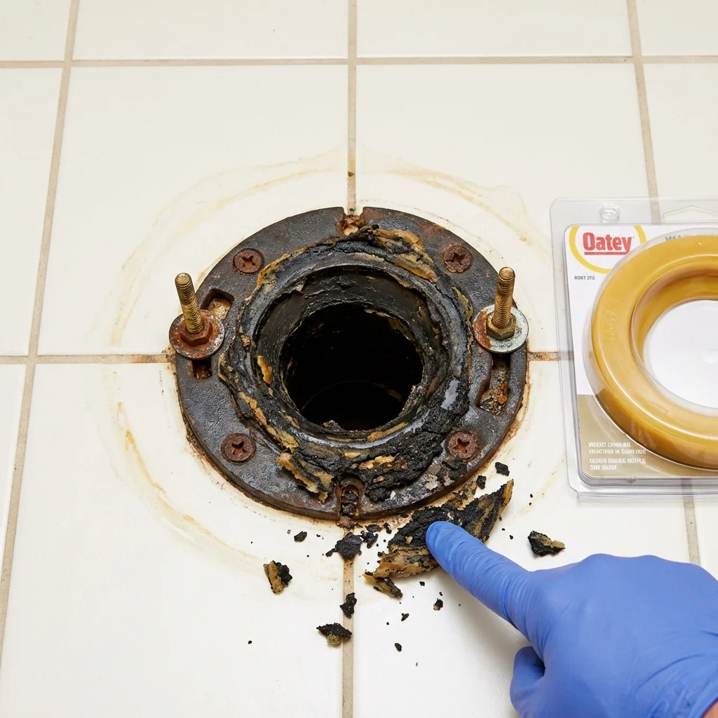 Failed wax ring showing water seepage at the base of a toilet in a Marion, OH home