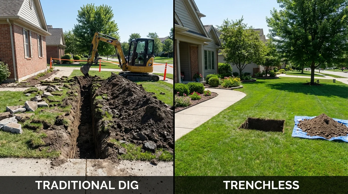 Trenchless sewer repair with minimal yard damage versus traditional excavation in Marion, OH