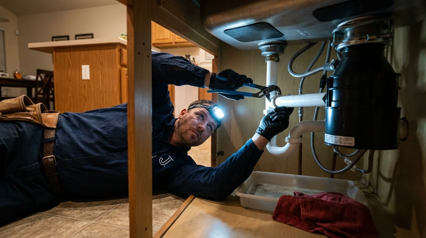 P-trap and supply line connections under a kitchen sink showing a common leak point in Marion, OH